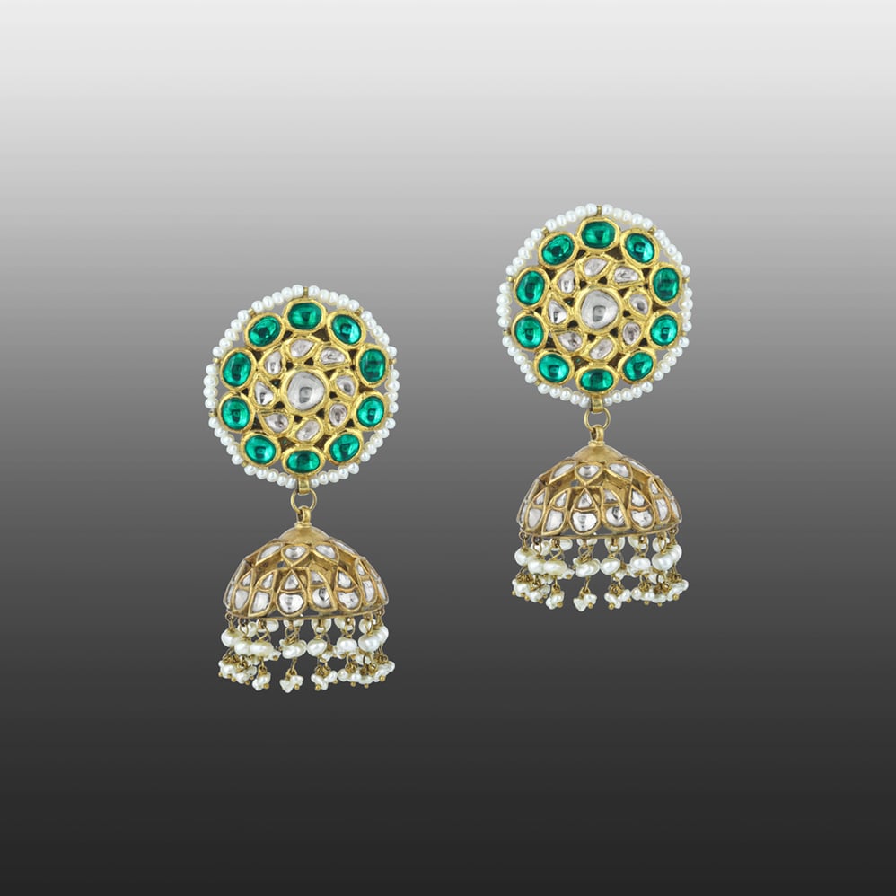 Polki Jhumka Earrings with Green stone and Pearl Borders